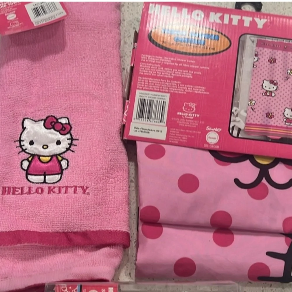 Hello Kitty pink polka dot butterflies shower curtain and hand towel set